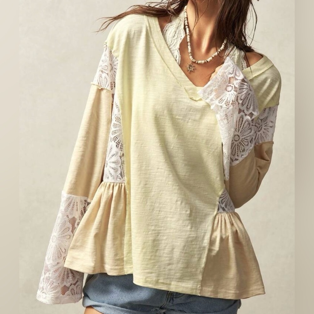 Women's Cream and Tan Lace Top